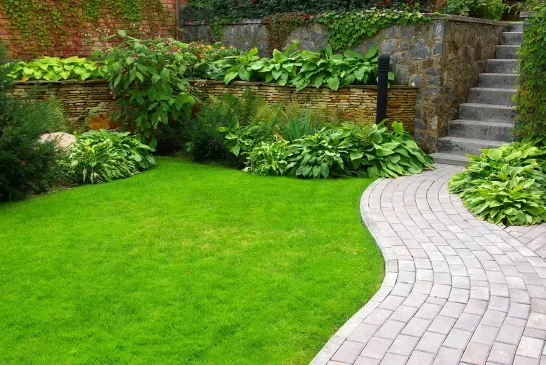 Green lawn with curving stone path leading to stairs. Stone wall with plants and greenery.