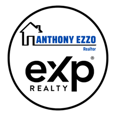 Circle logo: Anthony Ezzo, Realtor with EXP Realty. Features a house outline and blue text.