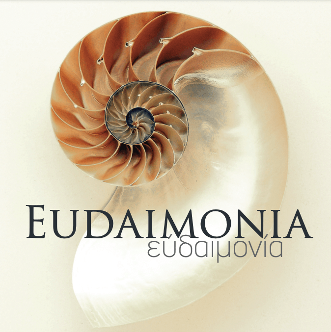 A logo for eudaimonia with a spiral in the background