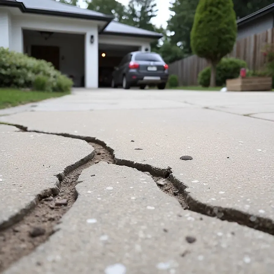 Fiber-reinforced concrete driveway cracks close-up