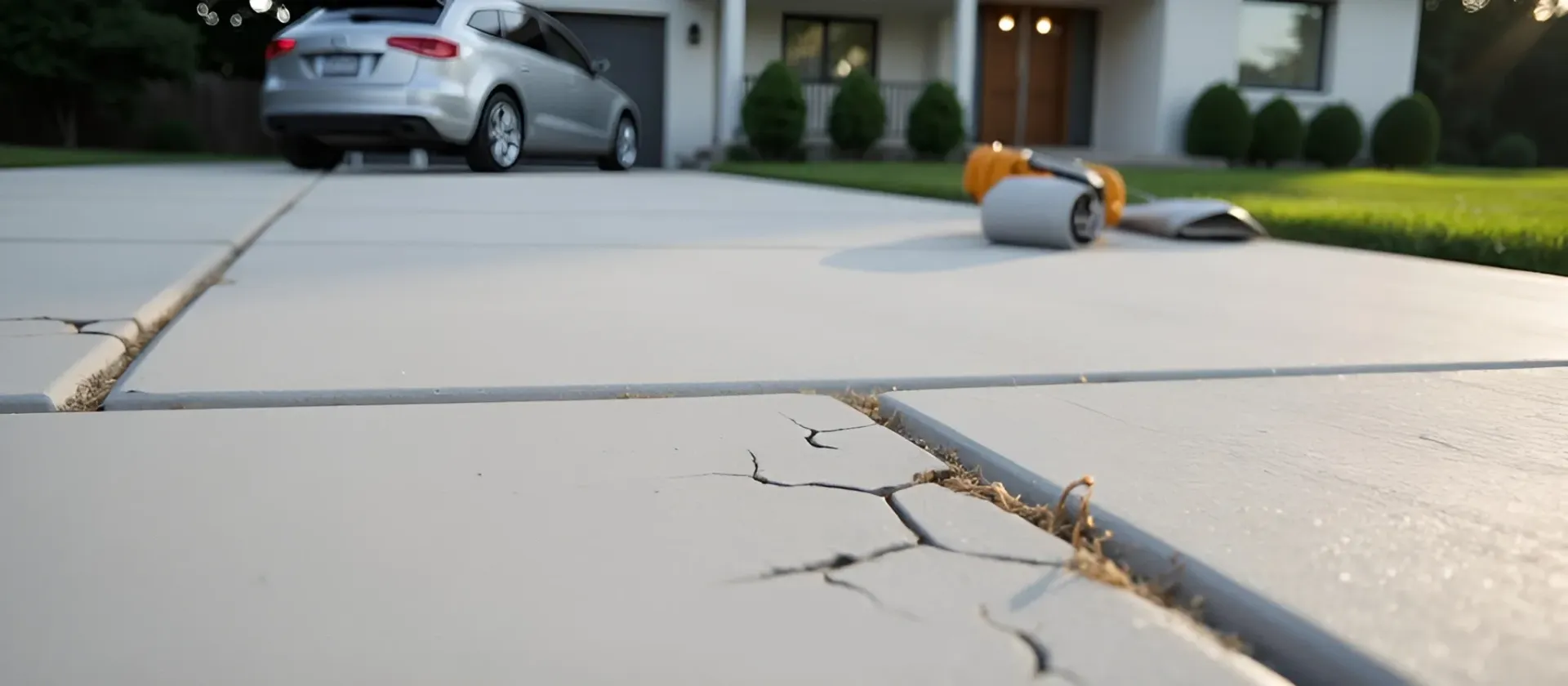 Fiber-reinforced concrete driveway cracks close-up
