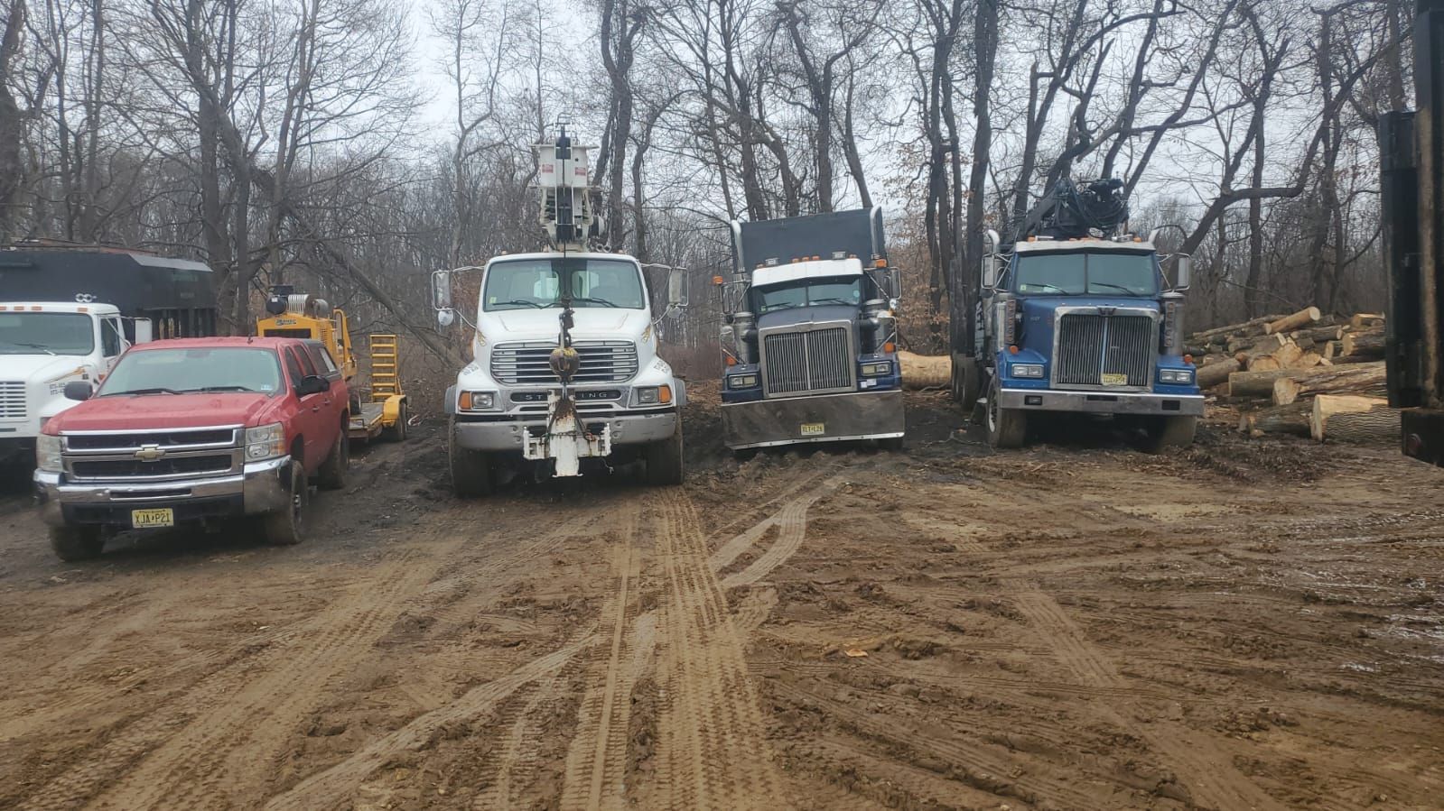 A group of trucks are parked in a dirt lot.