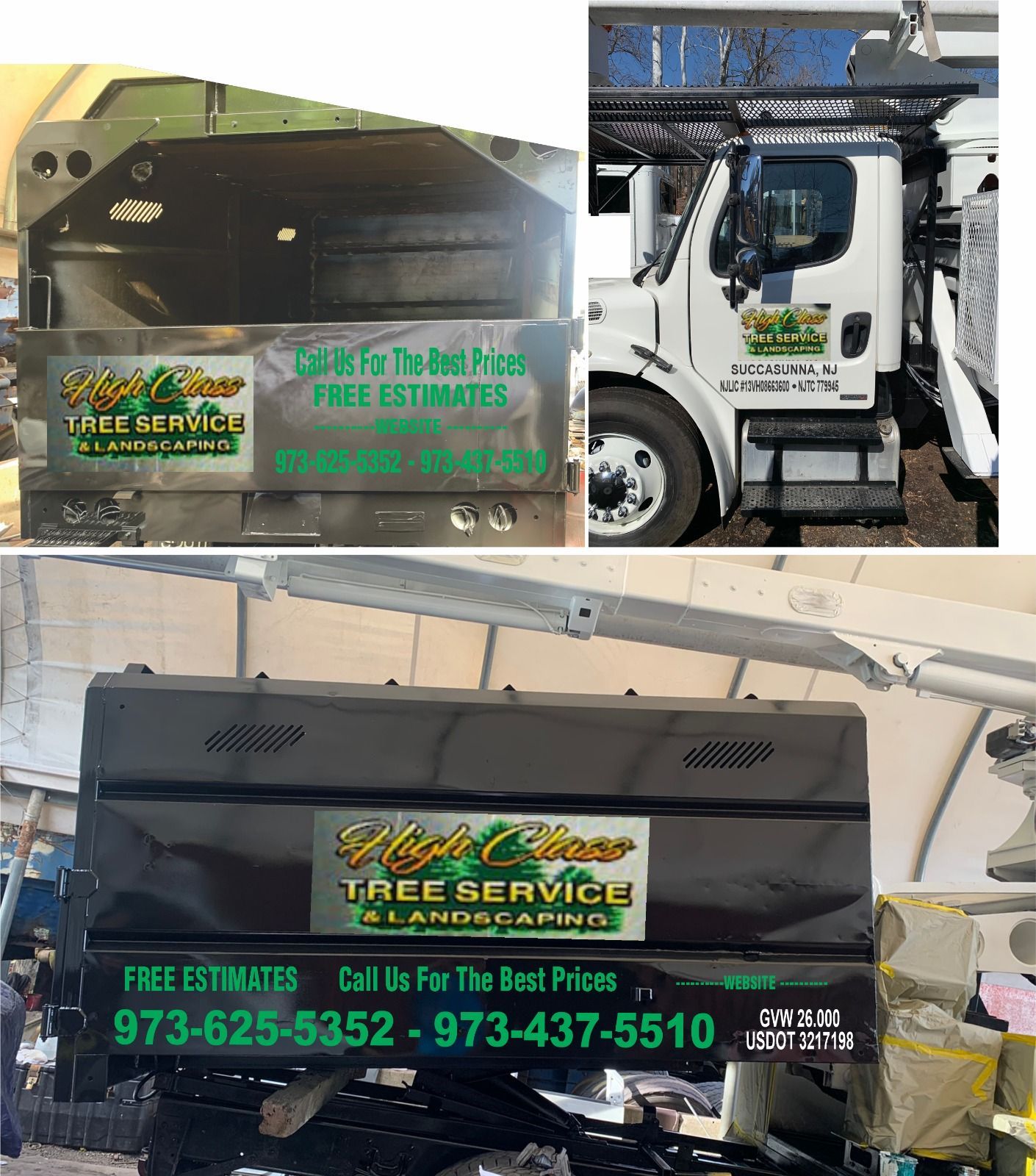 A collage of three pictures of a tree service truck