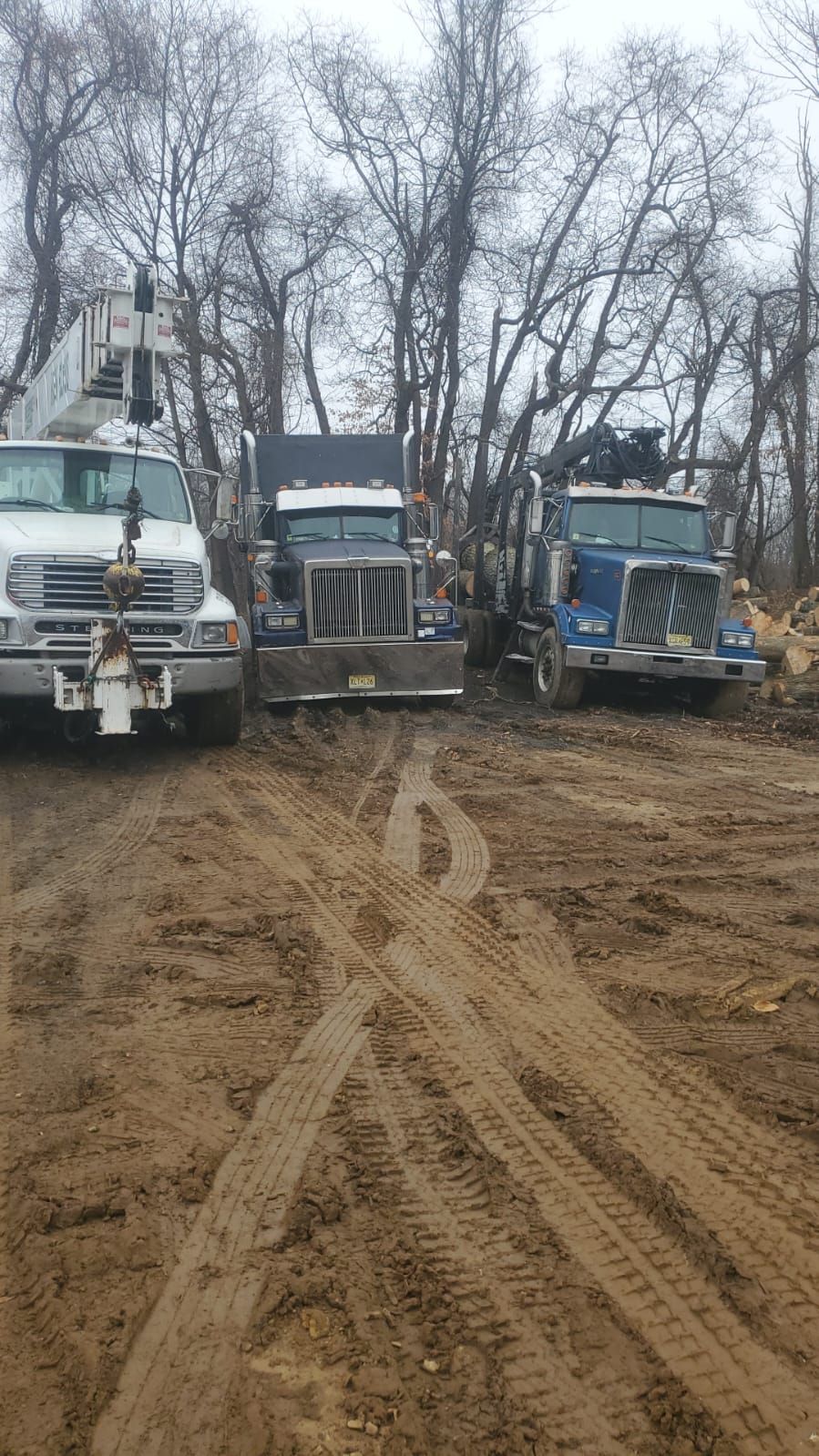 Two trucks are parked next to each other in a dirt field.