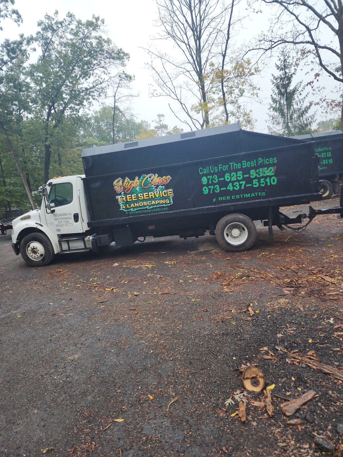 A dump truck is parked in a parking lot with trees in the background.