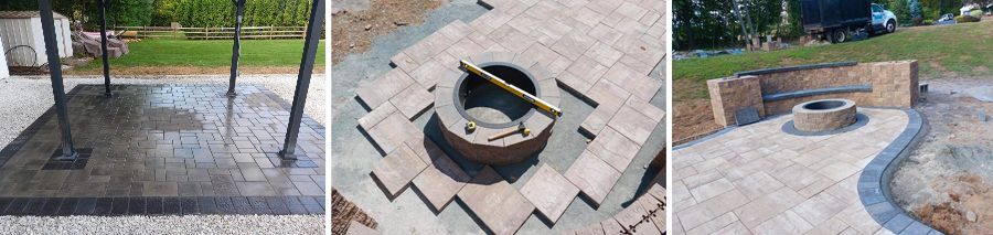 A collage of three pictures of a brick walkway being built.