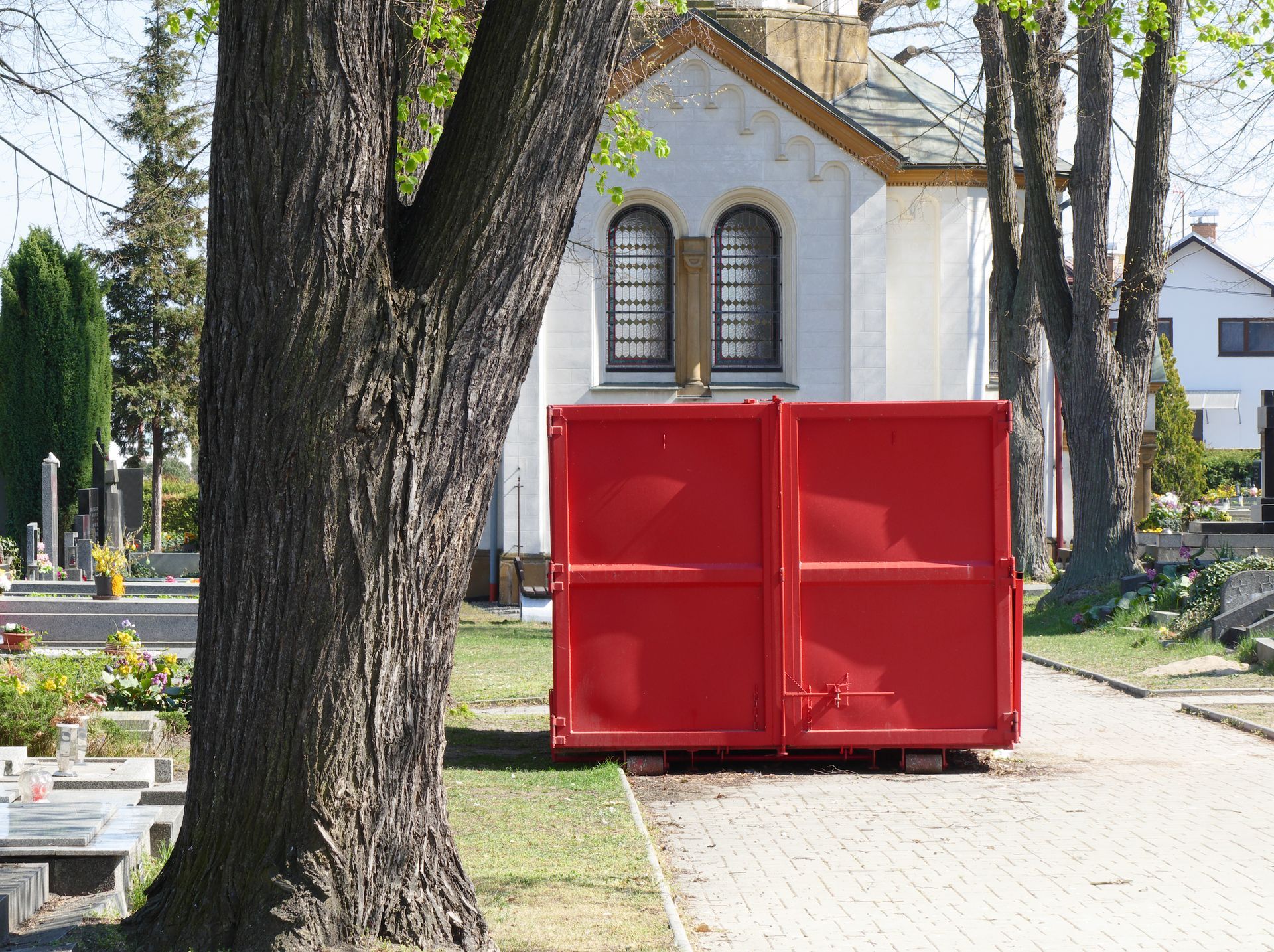 Red dumpster beside a tree on a quiet residential street near a small white building.
