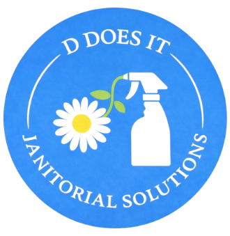 Blue circle logo with text “D DOES IT JANITORIAL SOLUTIONS”, a daisy, and a spray bottle.