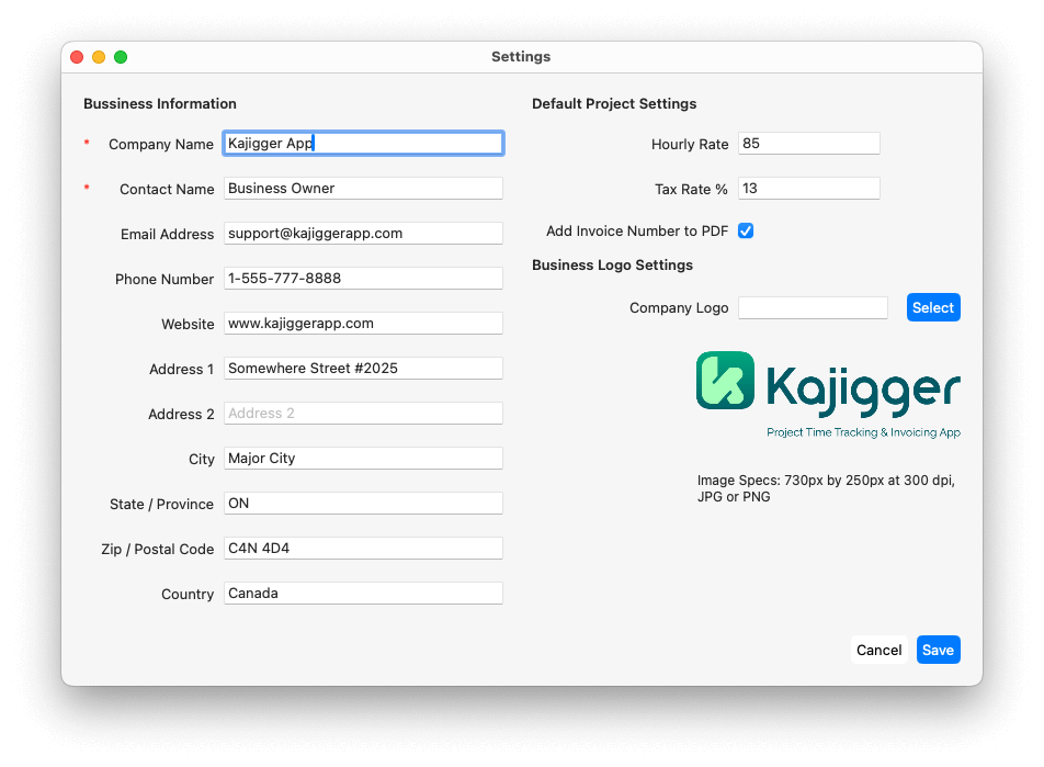kajigger app settings