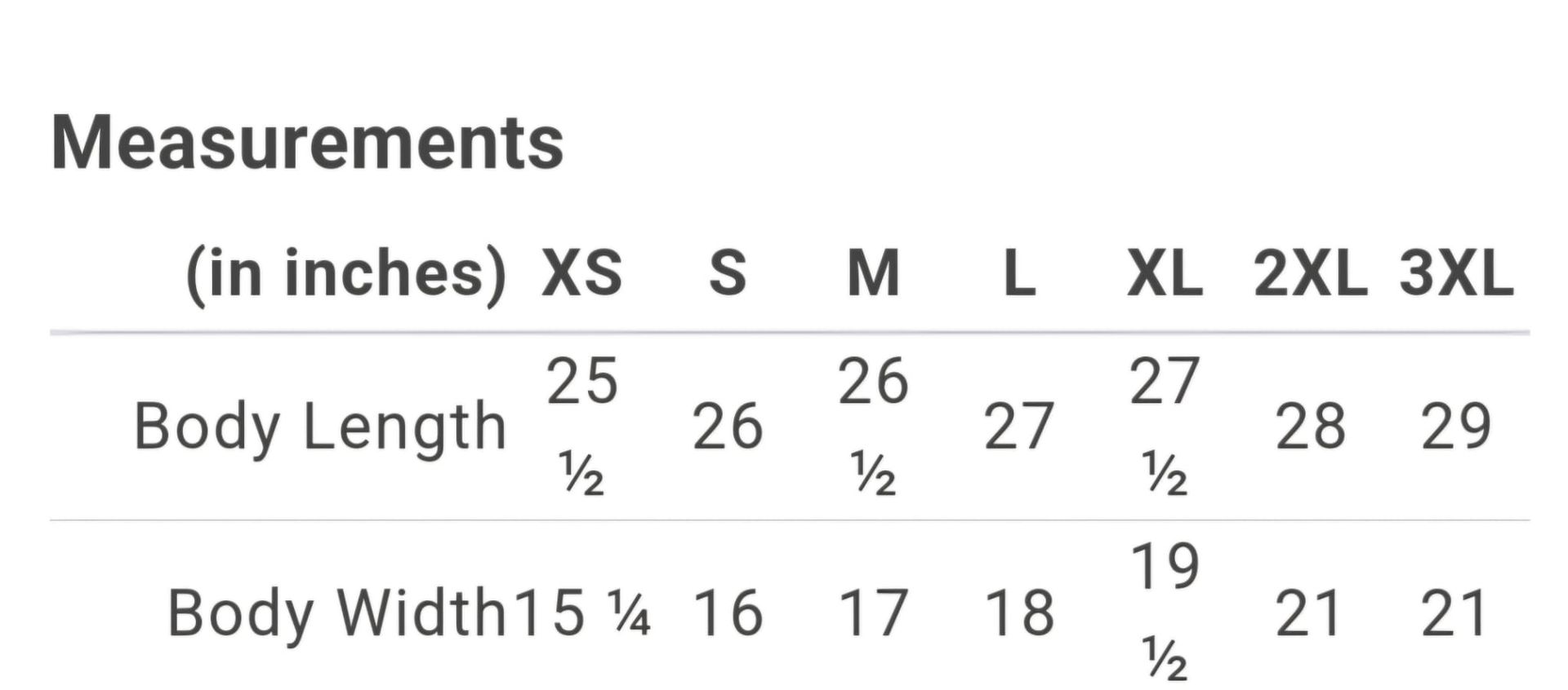 Measurements for V-Neck and Crew Neck Style Shirts