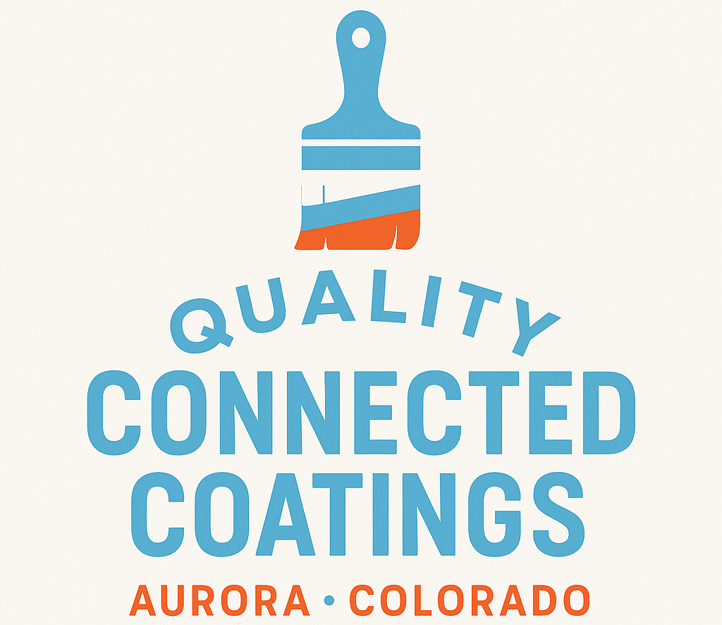 Logo for Quality Connected Coatings in Aurora, Colorado, featuring a paint brush and teal/orange text.