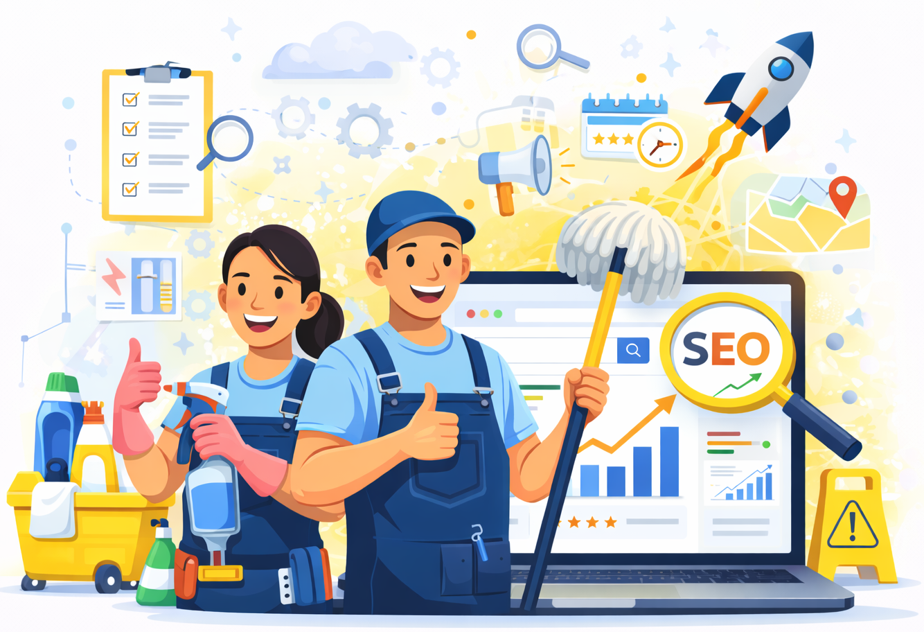 Two cleaners in uniforms stand before a laptop with an SEO-themed search icon, giving thumbs-up gestures.