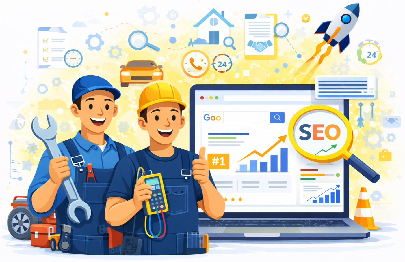 Two workers in uniforms, one with a wrench and one with a multimeter, stand before a laptop showing SEO growth analytics.