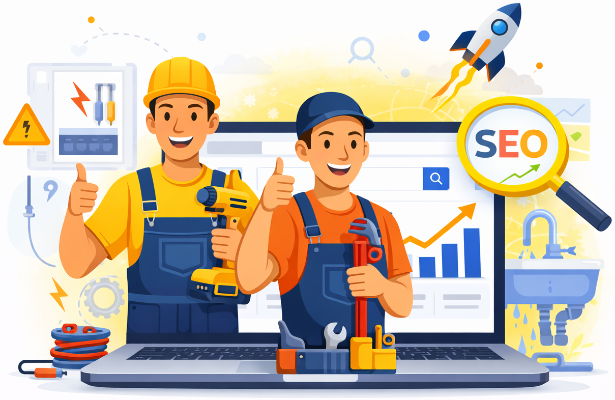 Two workers in uniform and hard hats give thumbs up in front of a laptop showing SEO metrics and trade service icons.