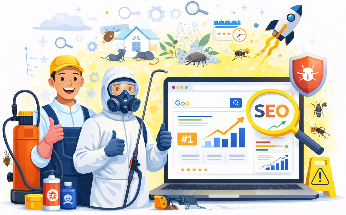 Two technicians in protective gear next to a laptop displaying SEO search results with pest-themed graphics.