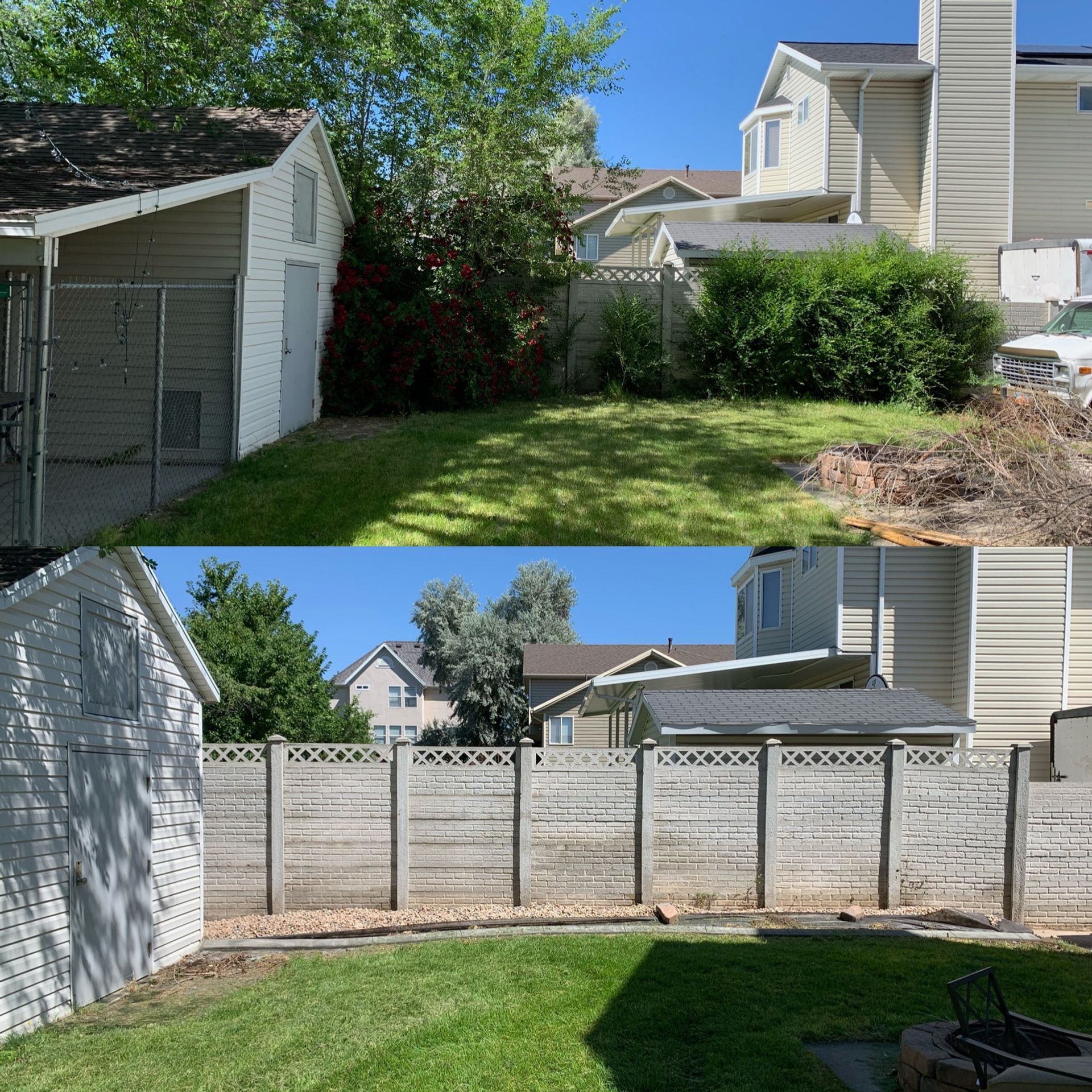 A before and after photo of a backyard with a concrete fence