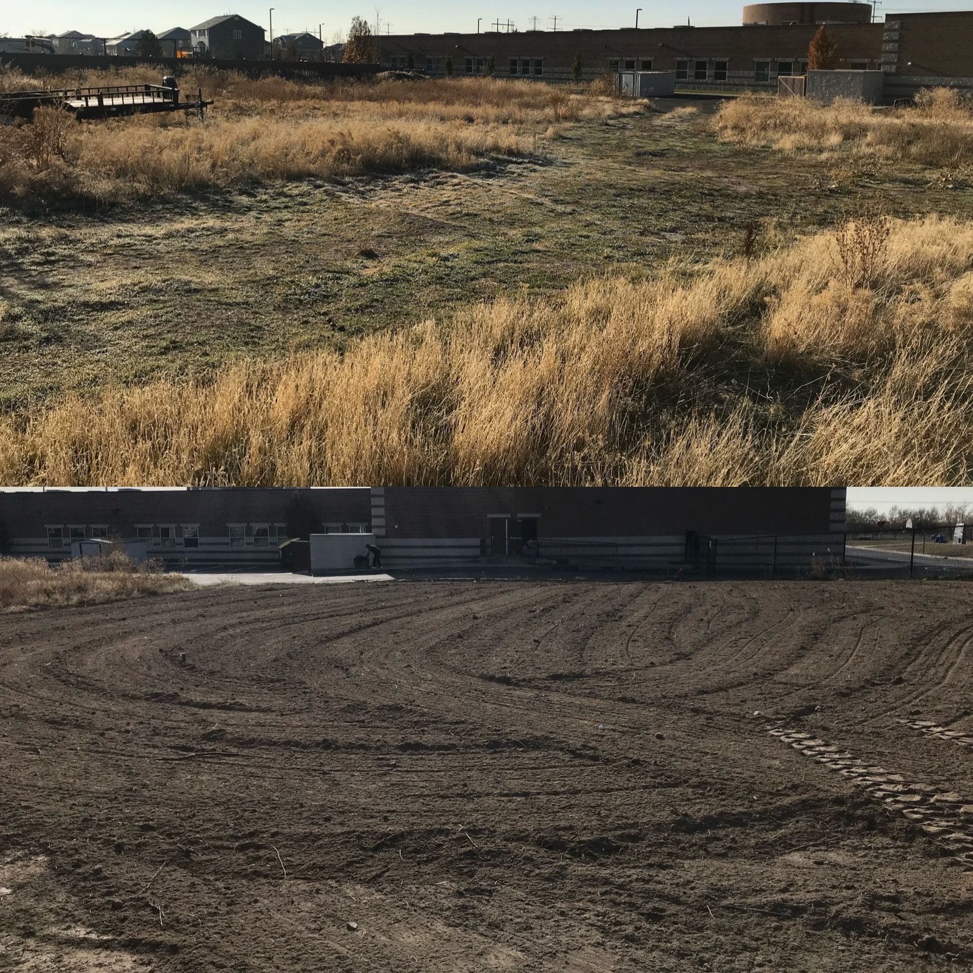 A large dirt field with a building in the background