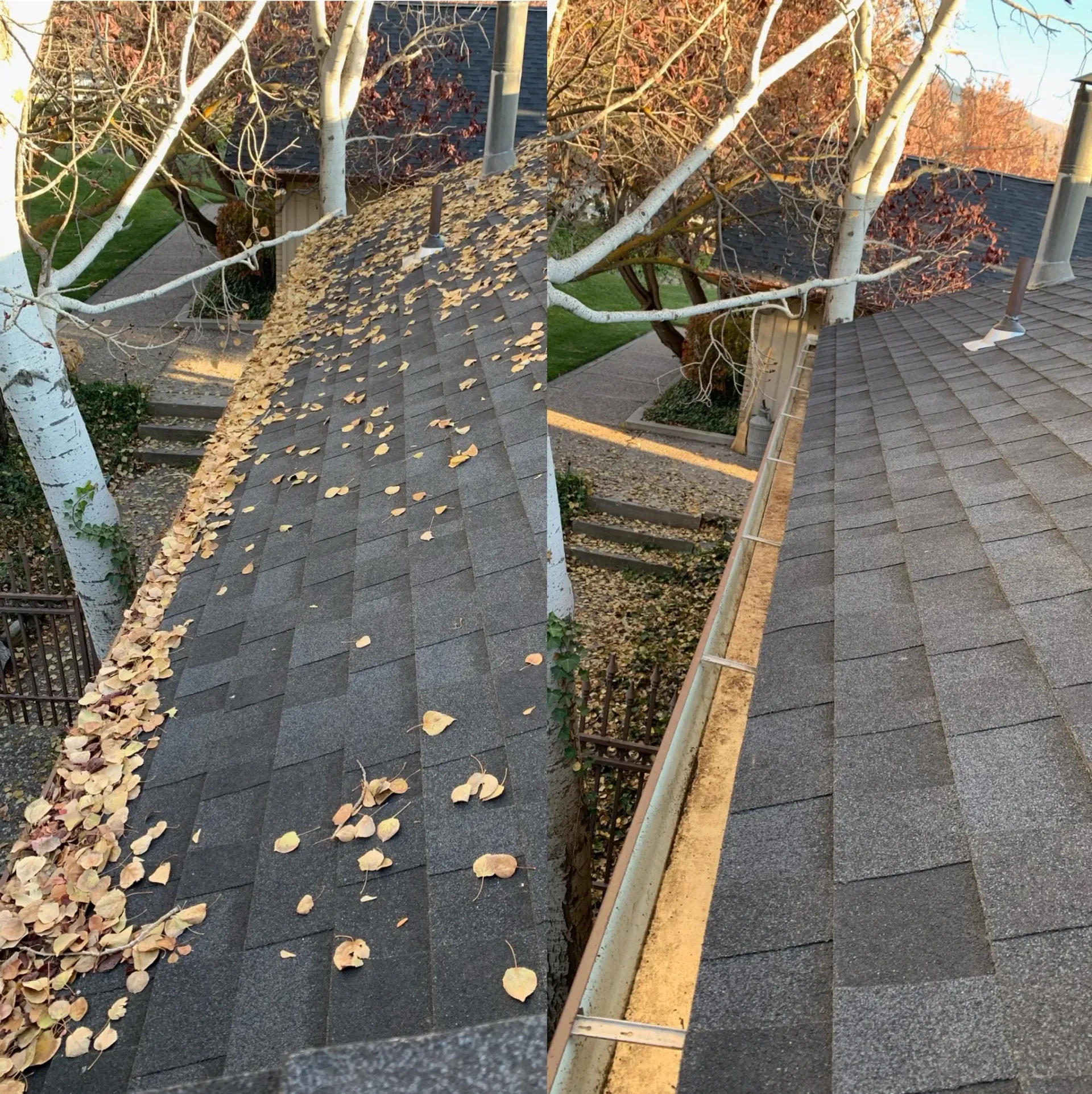 A before and after picture of a gutter on a roof