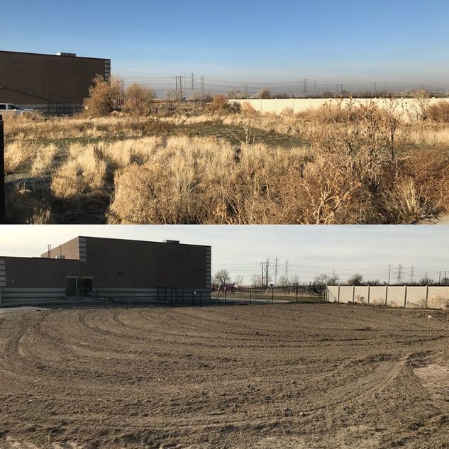 A before and after photo of a field with a building in the background