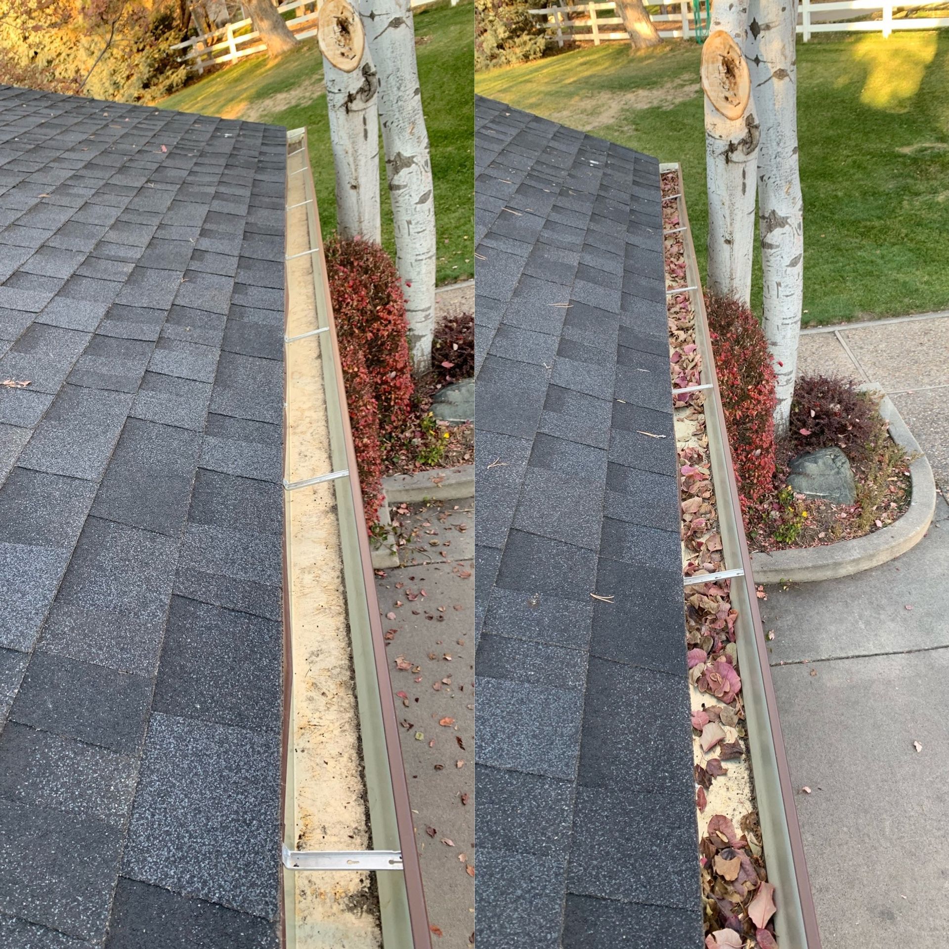 A before and after picture of a gutter on a roof