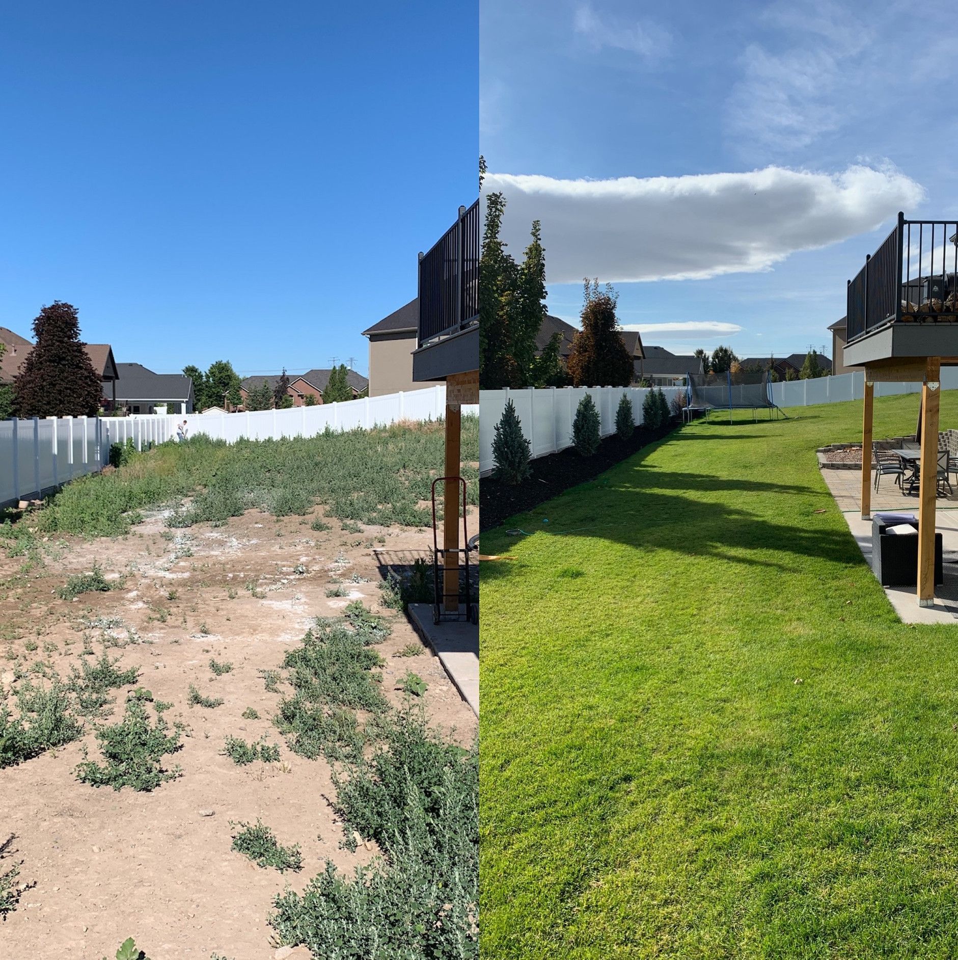 A before and after picture of a backyard with a deck
