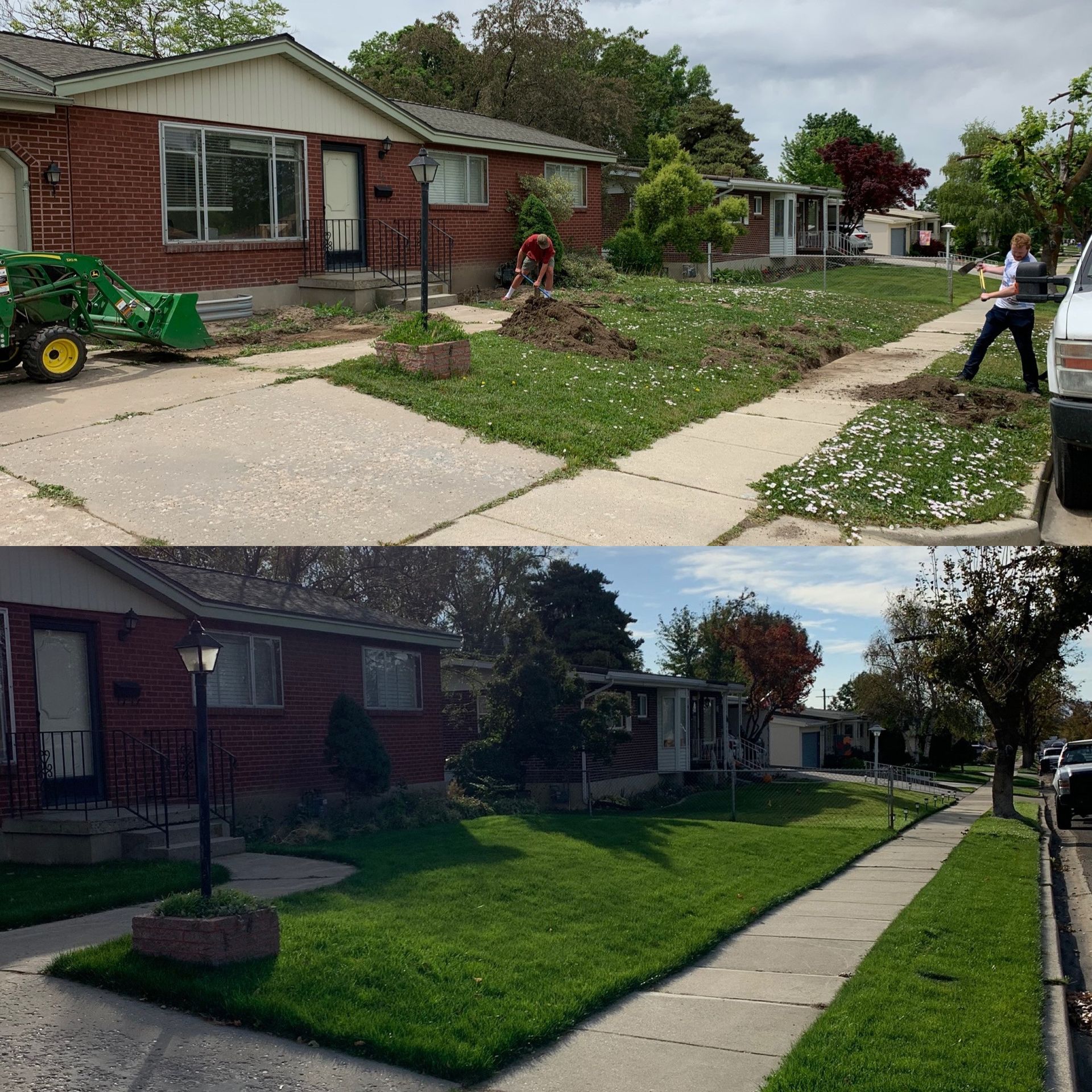 A before and after picture of a lawn being maintained