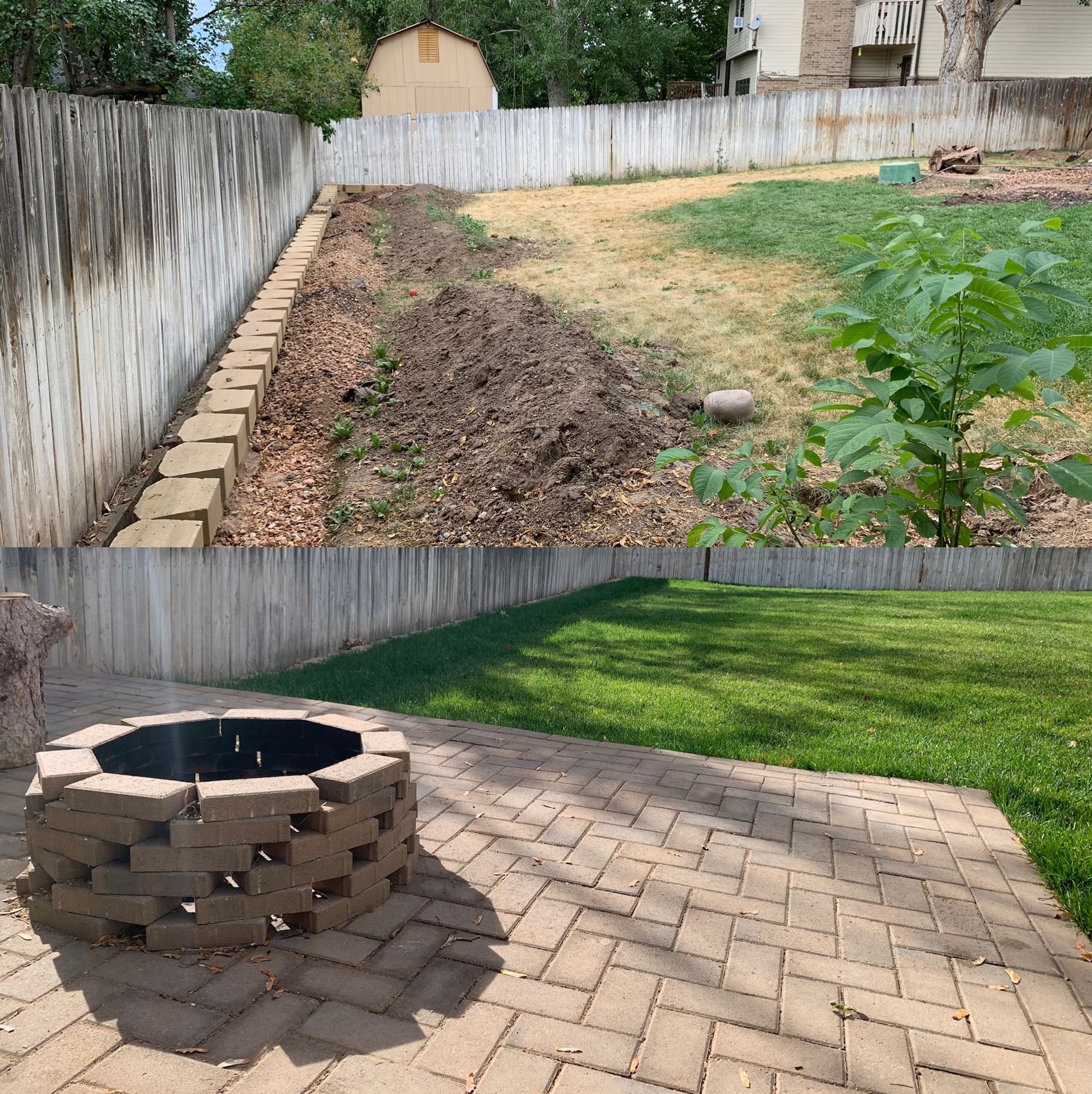 A before and after picture of a backyard with a fire pit