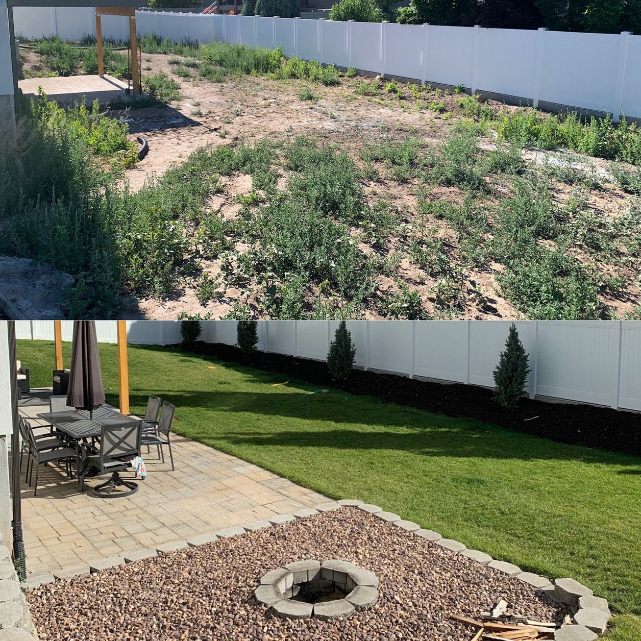 A before and after picture of a backyard with a fire pit