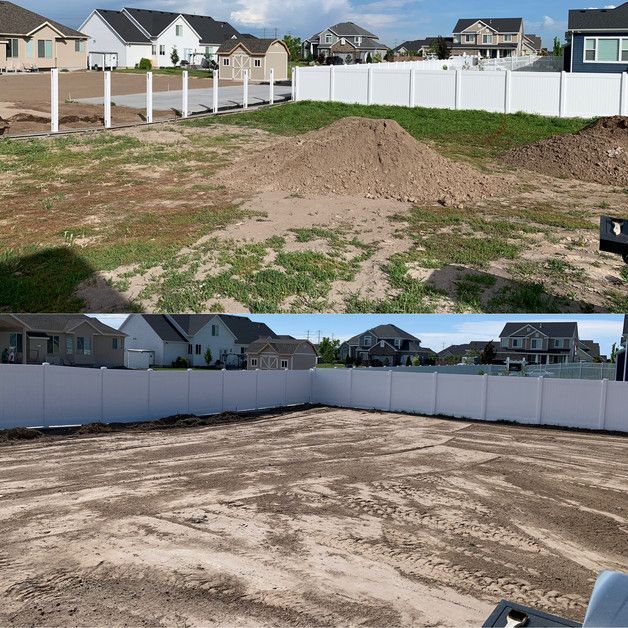 A before and after photo of a fenced in yard