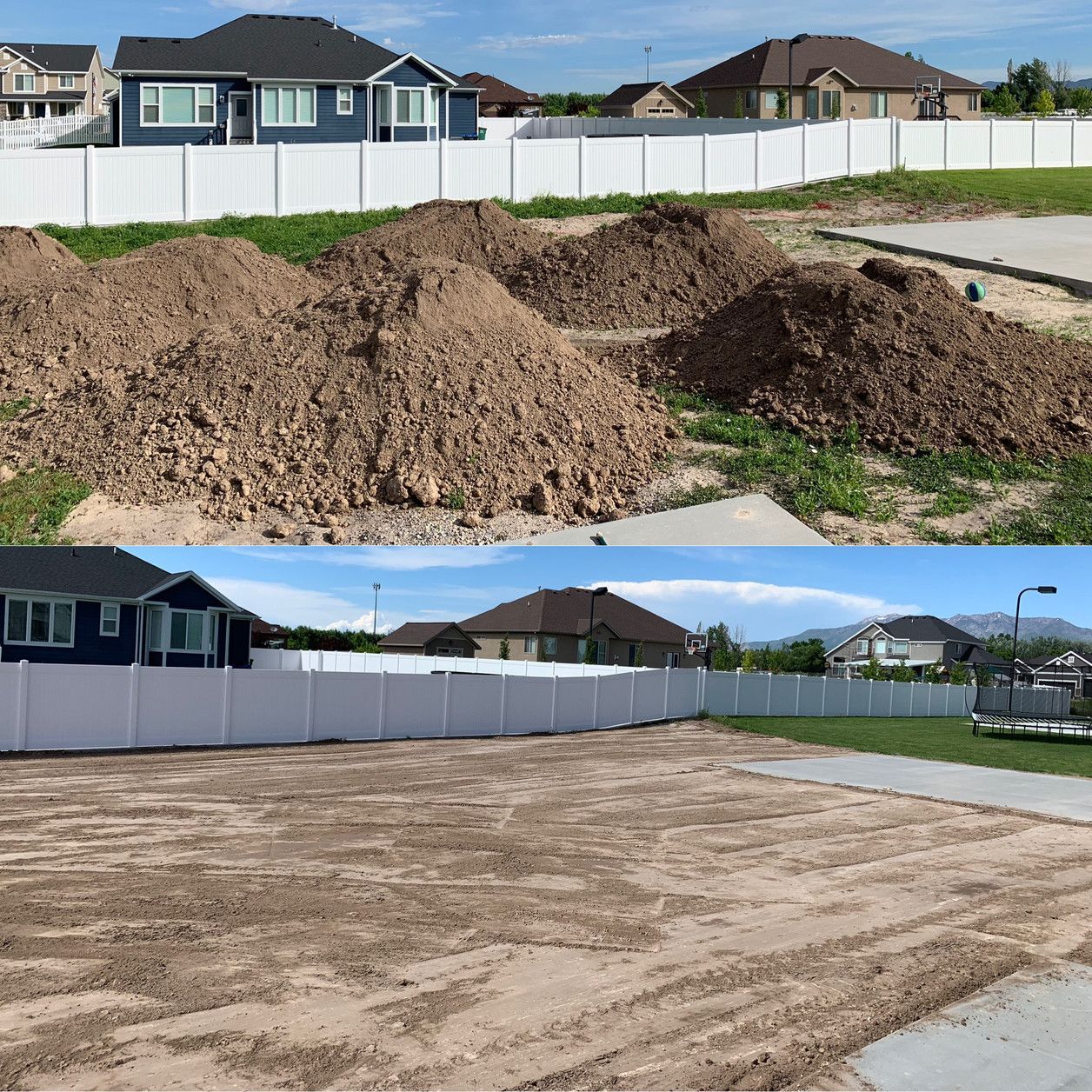 A before and after picture of a dirt yard