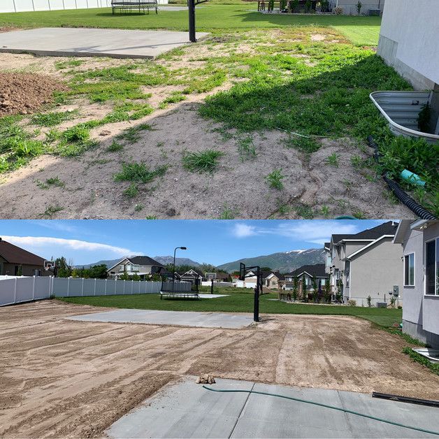 A before and after picture of a yard with grass and dirt