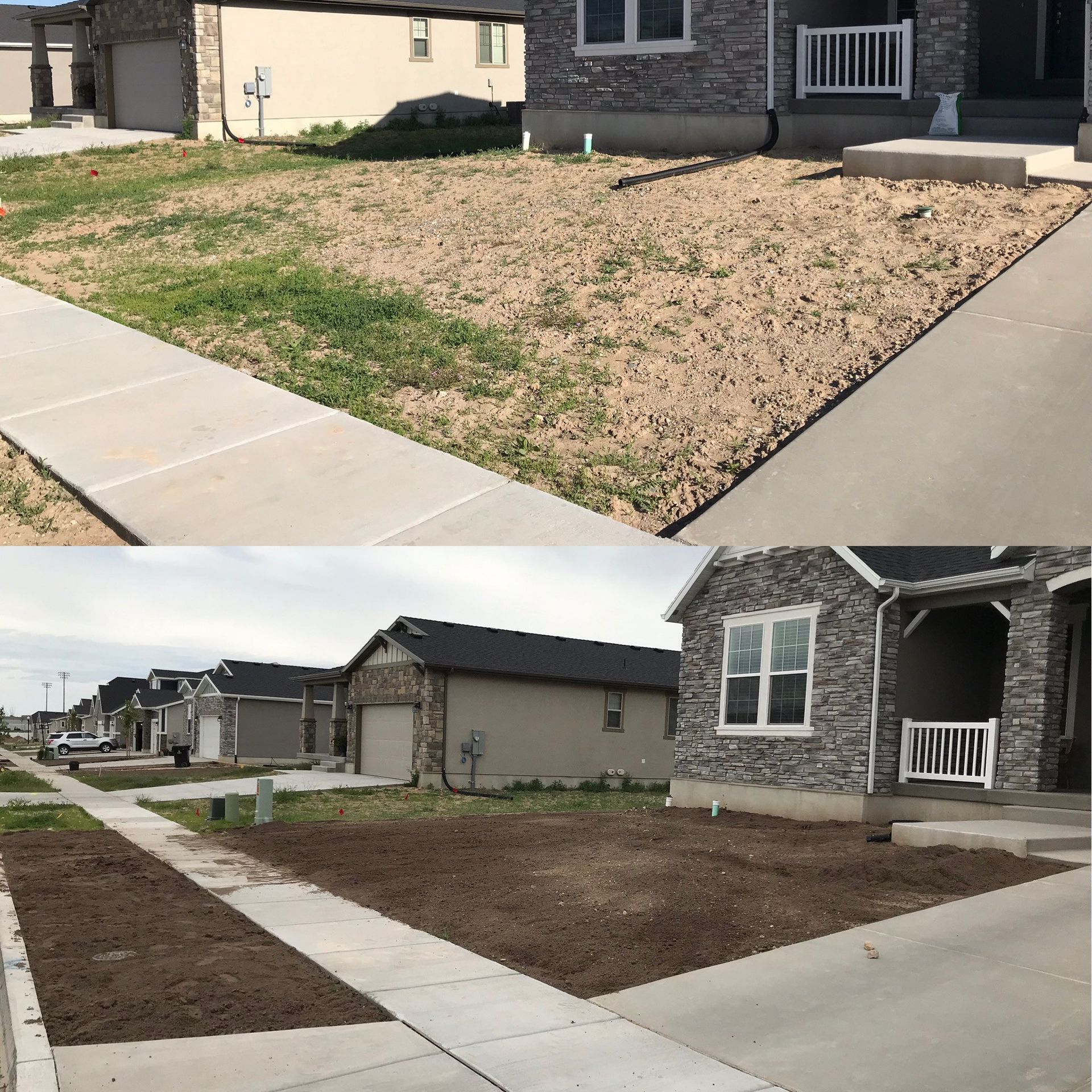 A before and after picture of a lawn and a house