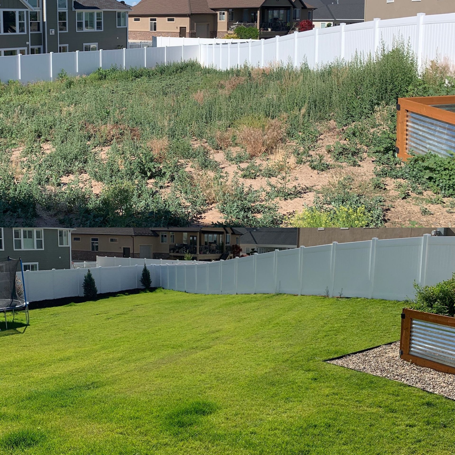 A white fence surrounds a lush green yard