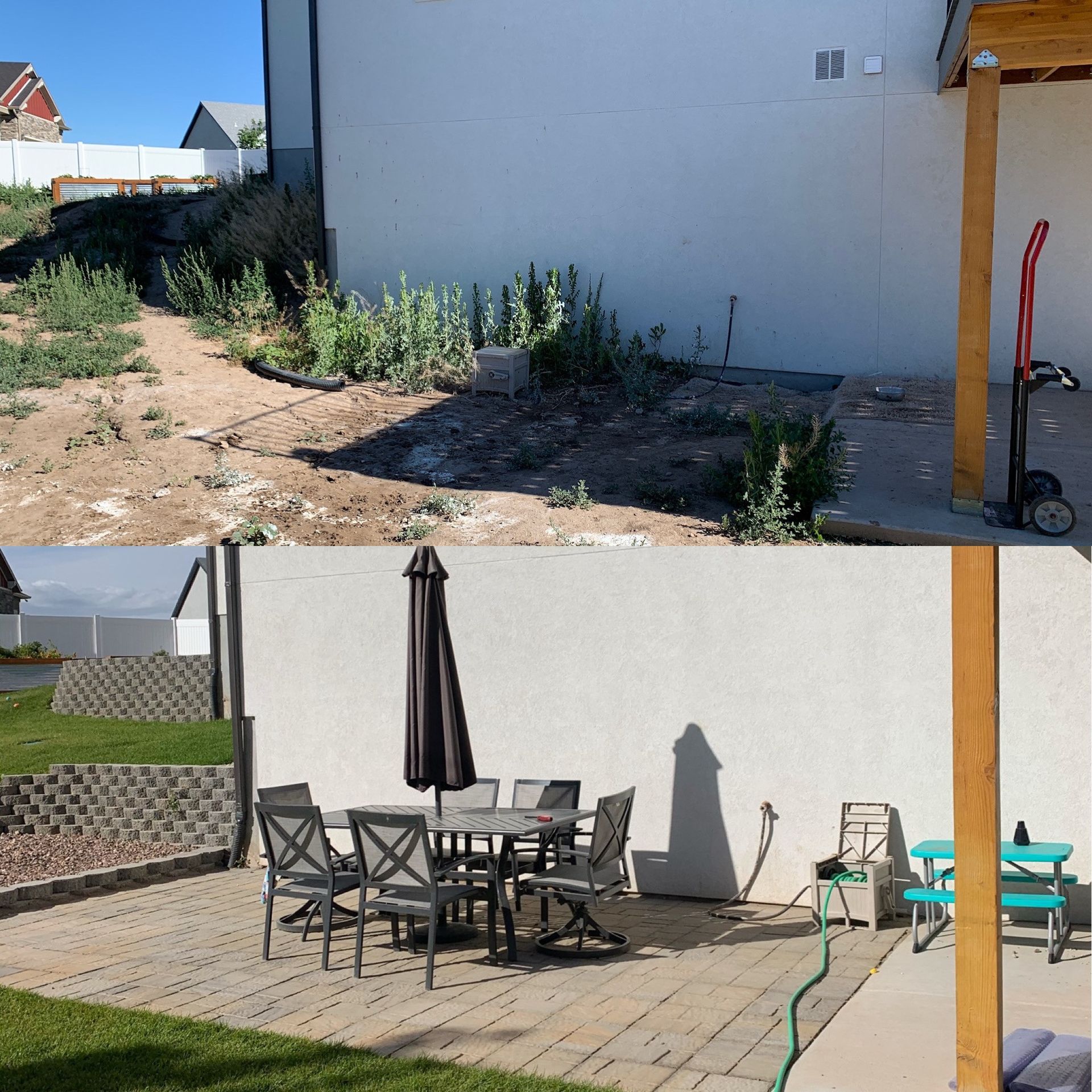 A patio with a table and chairs and an umbrella