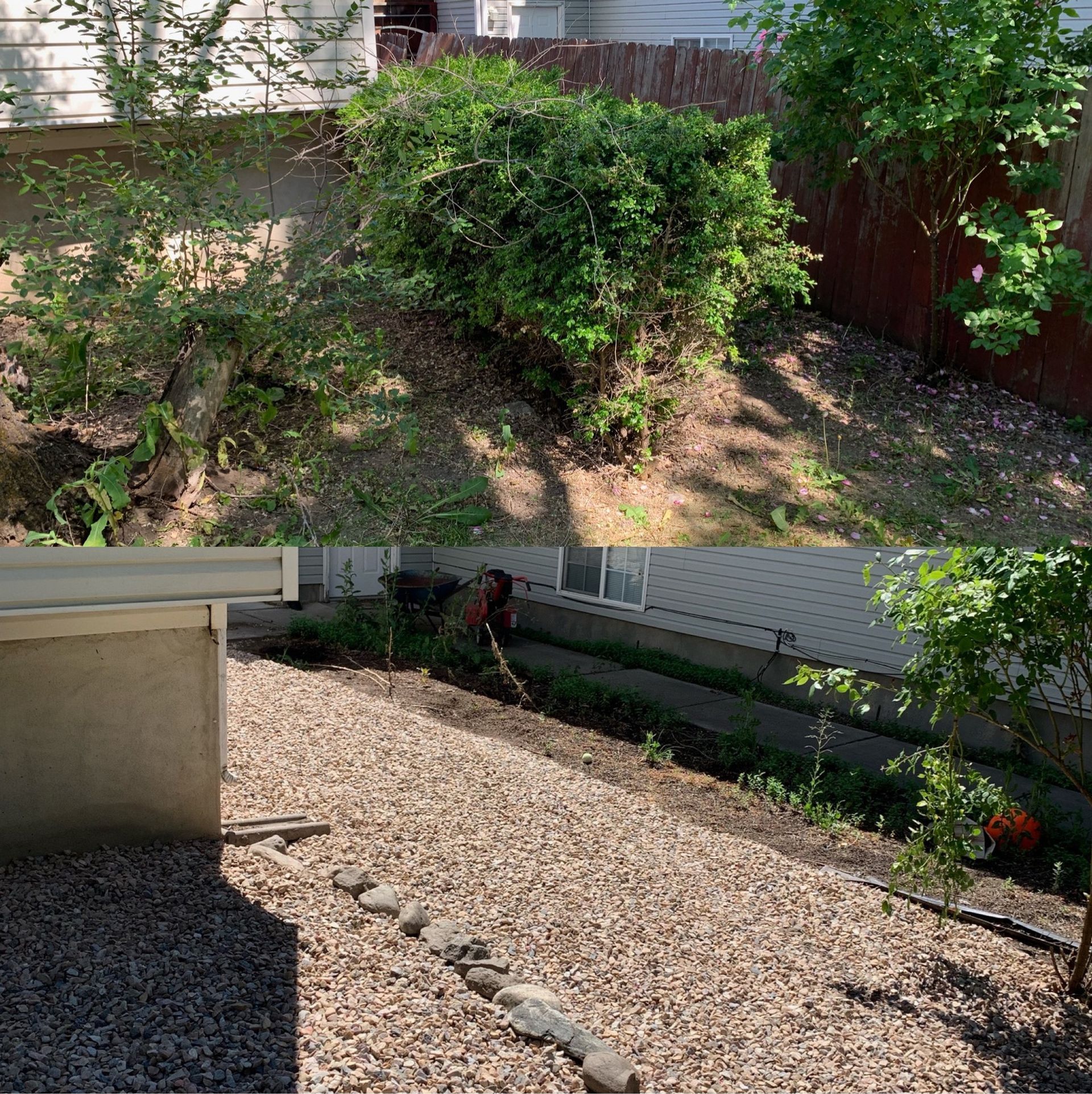A before and after picture of a backyard with a house in the background.