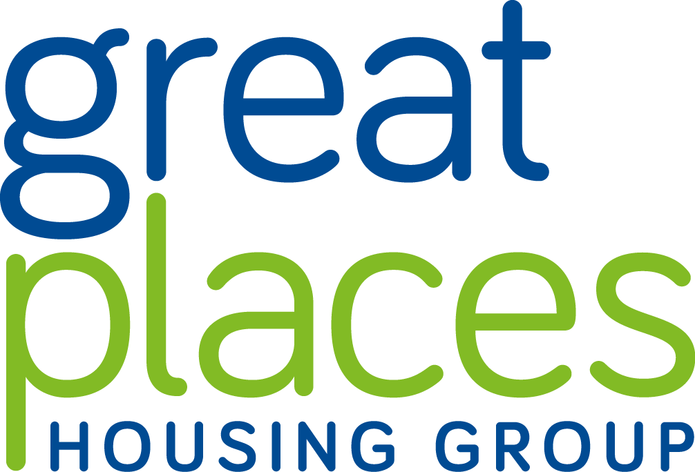 The logo for the great places housing group is blue and green.
