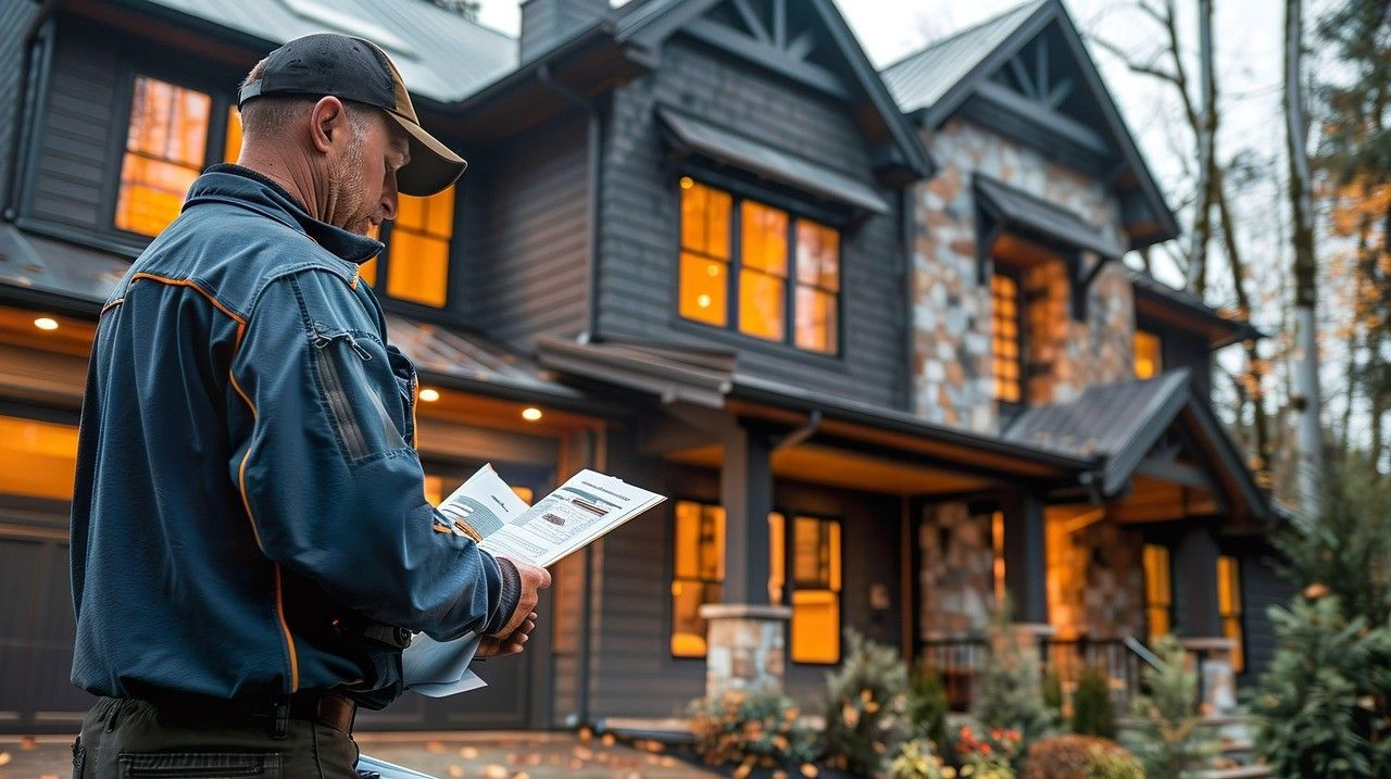 Contractor reviewing report in front of a large home after inspection for property maintenance