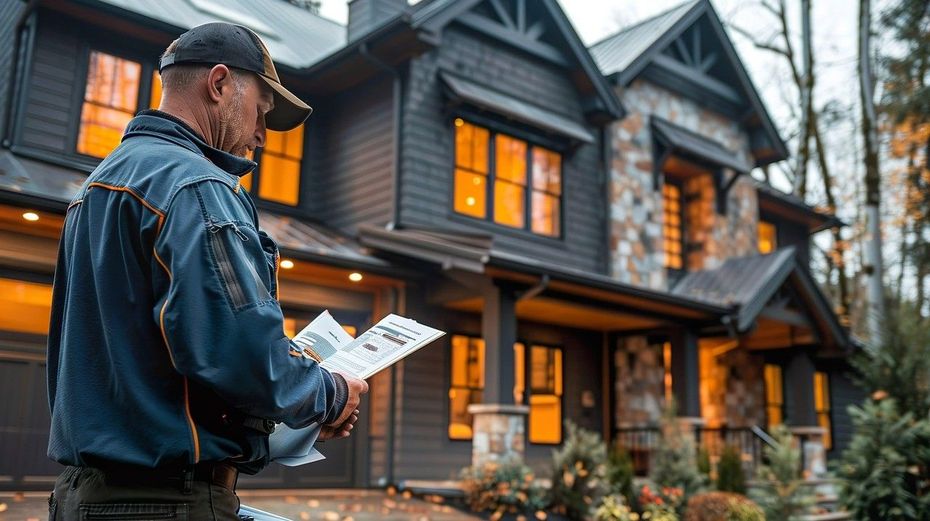 A man is standing in front of a large home after inspection for property maintenance