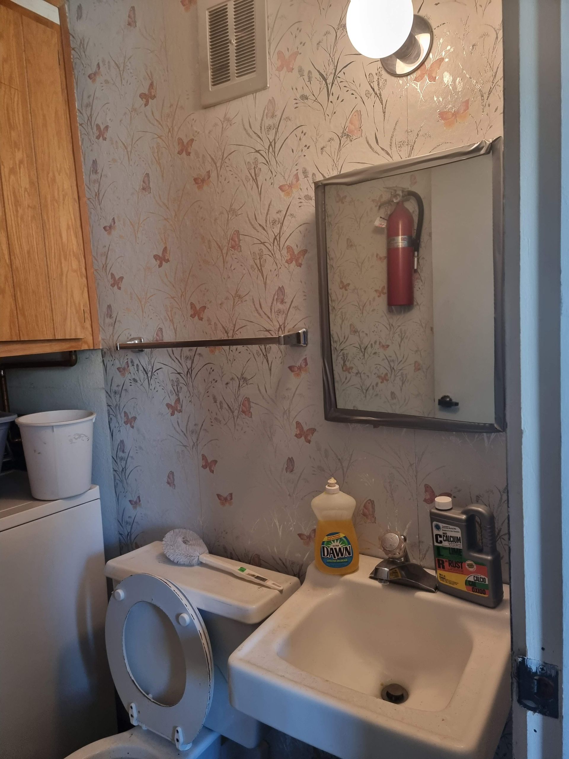 Bathroom pre-renovation with outdated wallpaper and fixtures