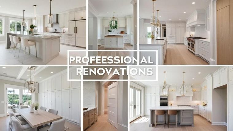 A collage of photos of kitchens and dining rooms with the words `` professional renovations ''.