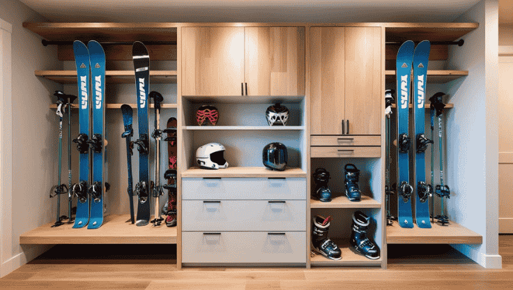A closet filled with skis , helmets , and boots.