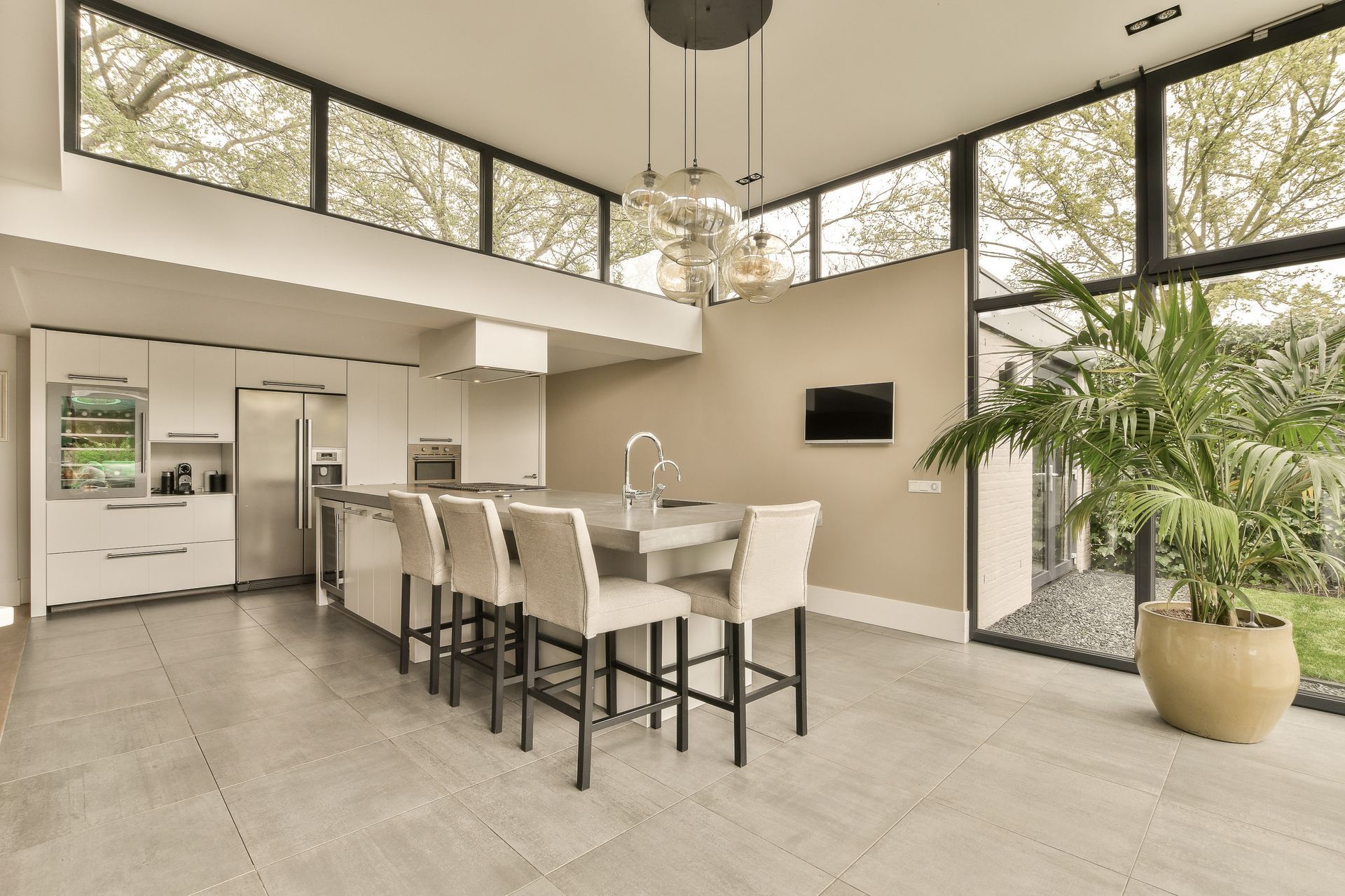 Modern kitchen with new grey tile floors