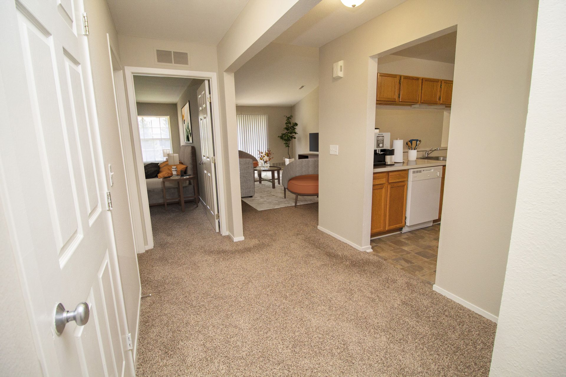 A hallway in a house leading to a living room and kitchen