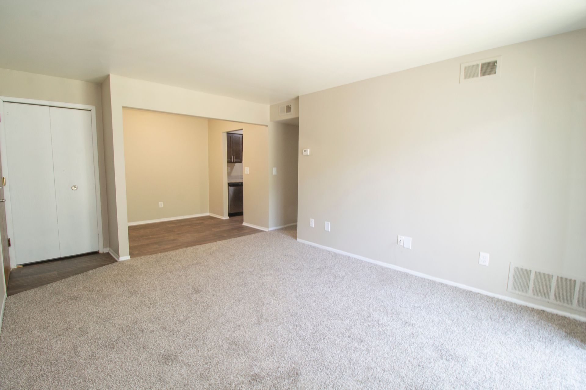 An empty living room with a carpeted floor and white walls.
