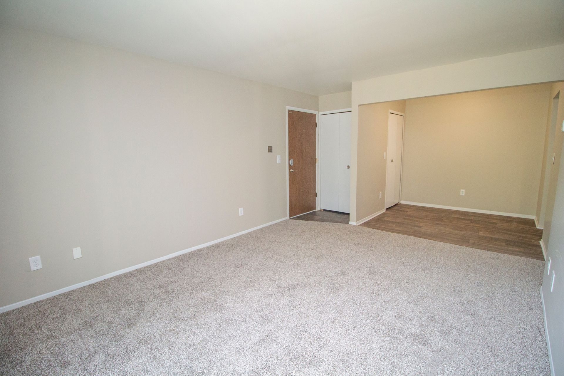 An empty living room with a carpeted floor and a door.