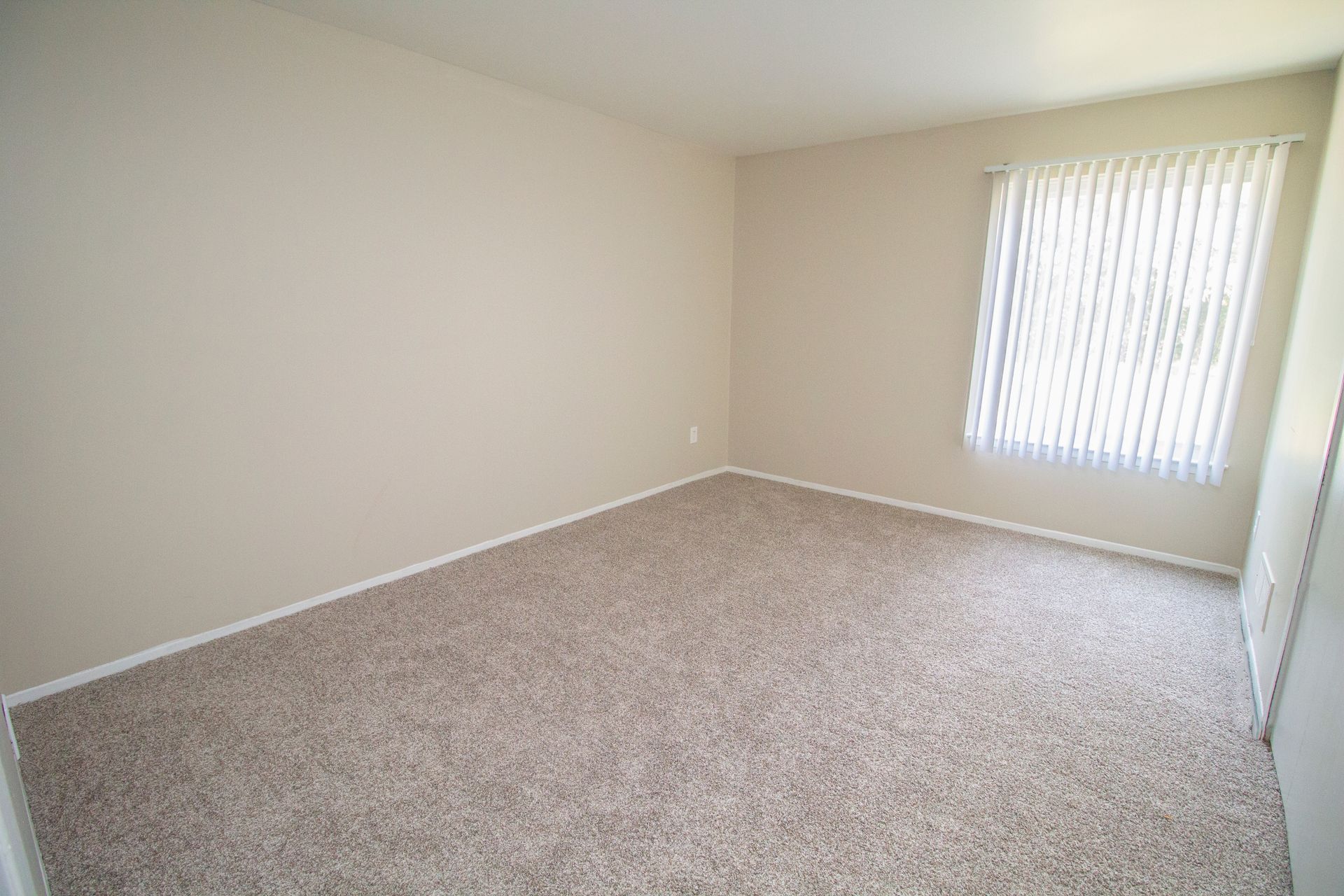 An empty bedroom with a carpeted floor and a window.