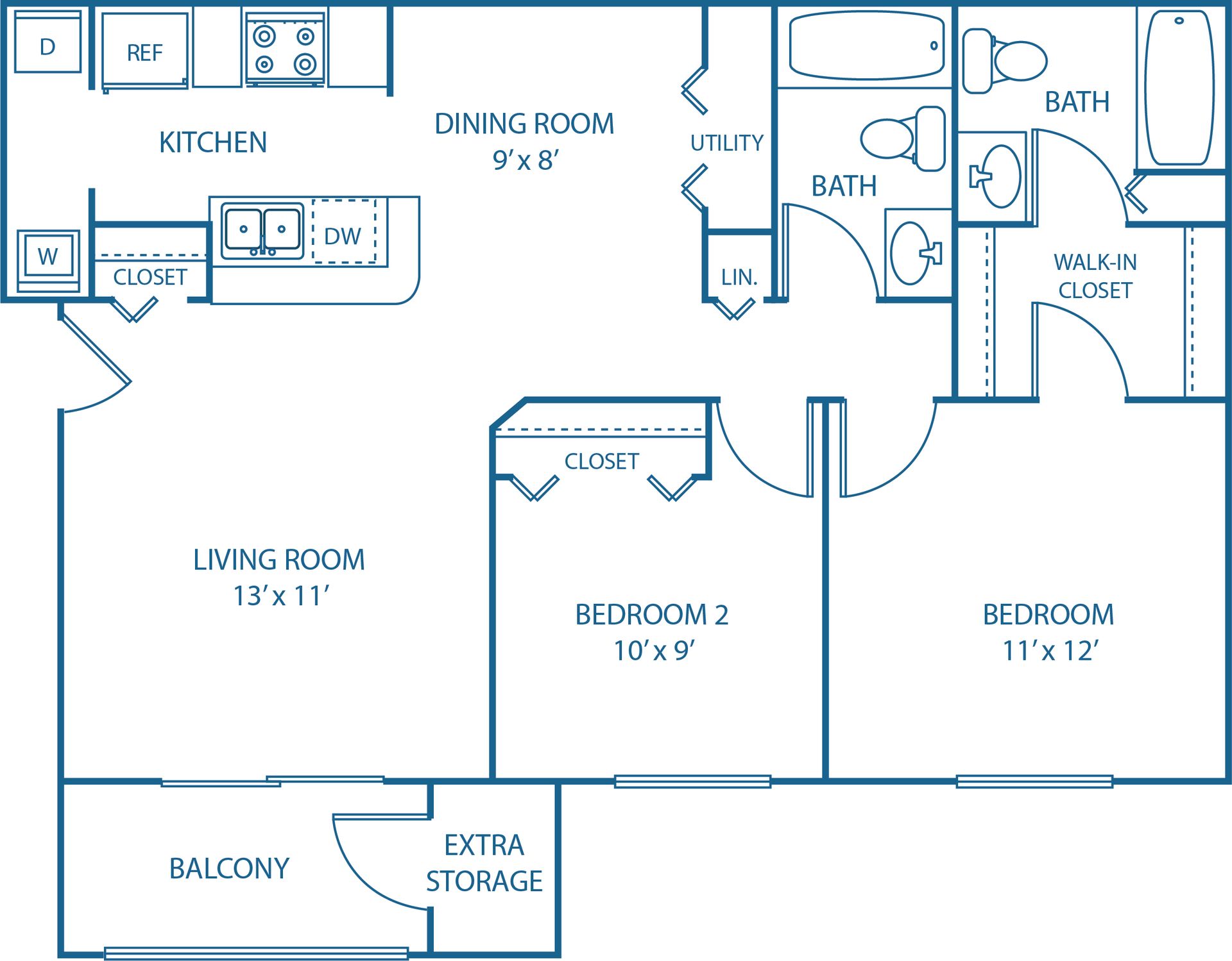 2 BED, 2 BATH
950 SQ.FT.