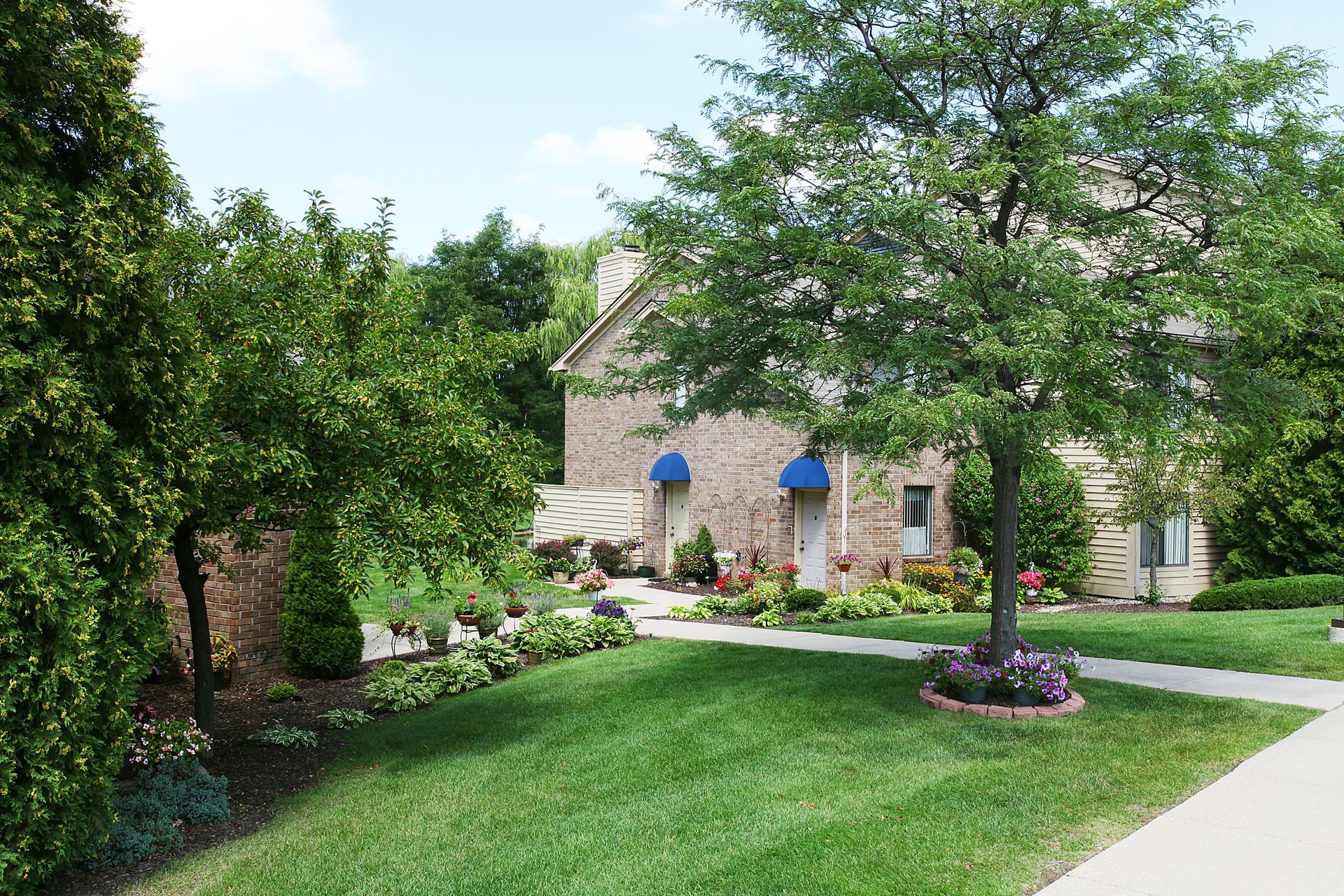 A house with a lush green lawn and a tree in front of it