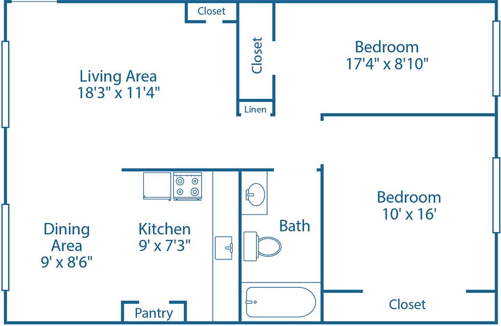 2 BED, 1 BATH
1,000 SQ.FT.