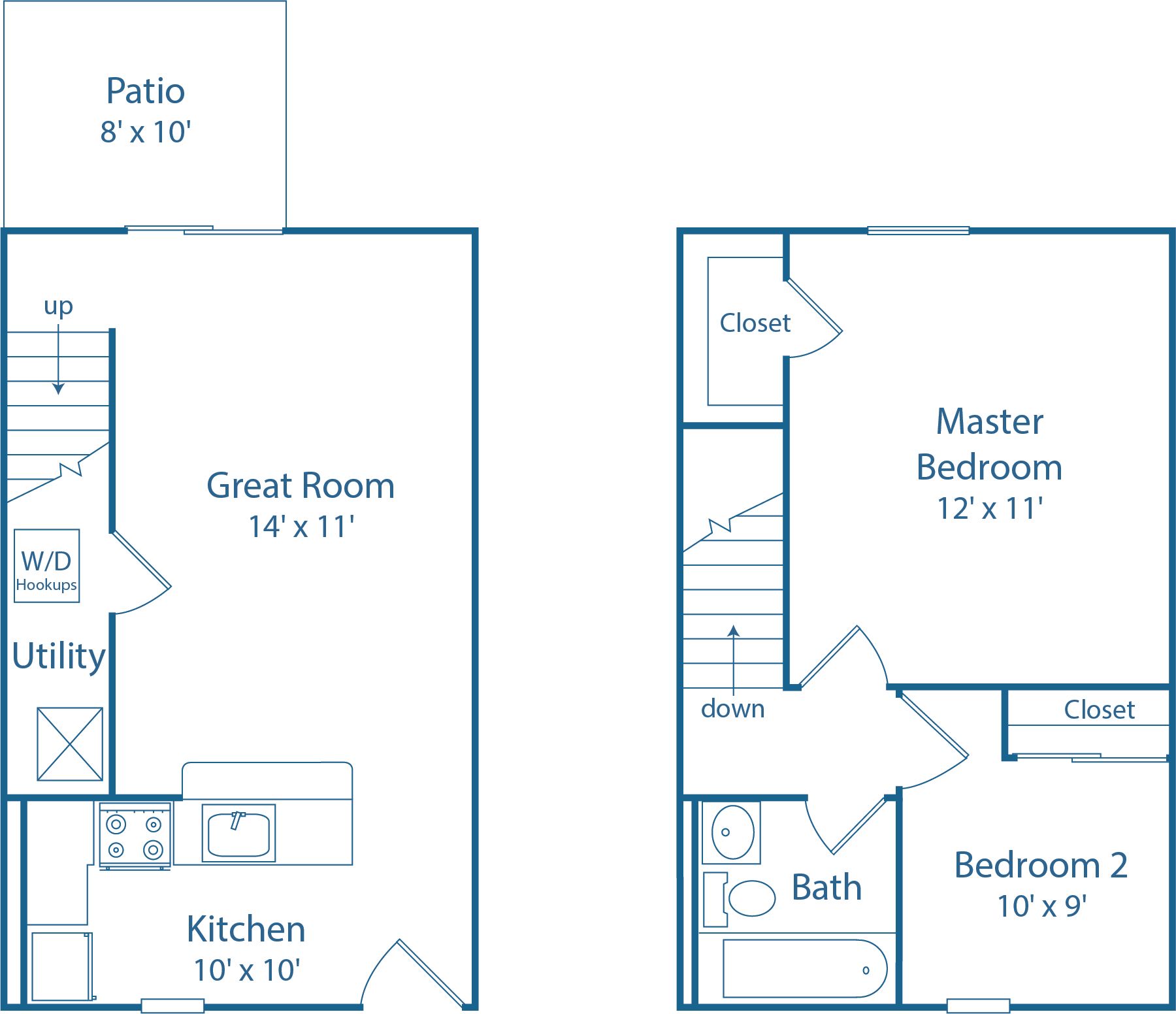 2 BED, 1 BATH
900 SQ.FT.